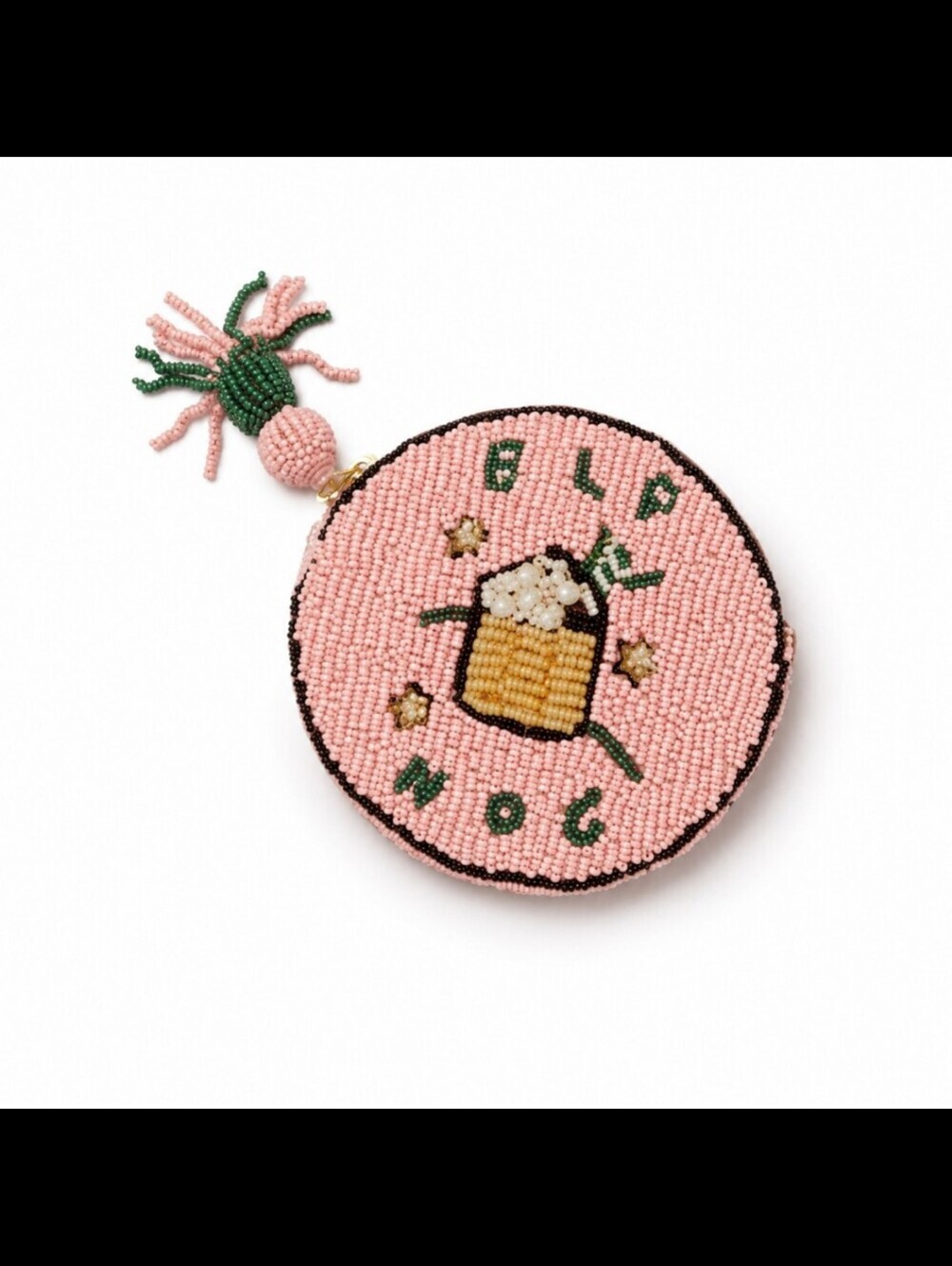 Anthropologie Nephthys Illustrated Beaded Round Coin Purse Elf Nog Pink